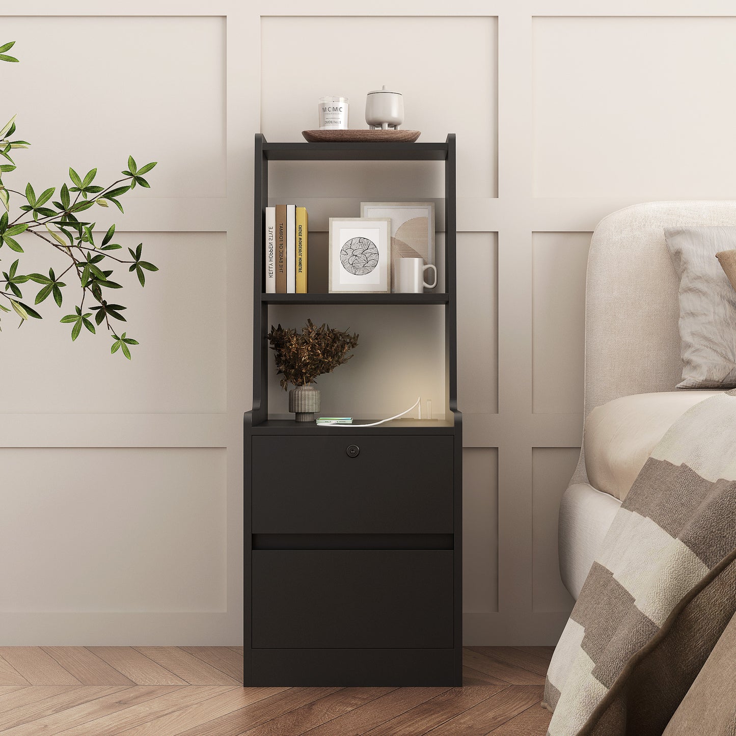 Smart Nightstand With Charging Station, Night Light, Bookshelf With Storage