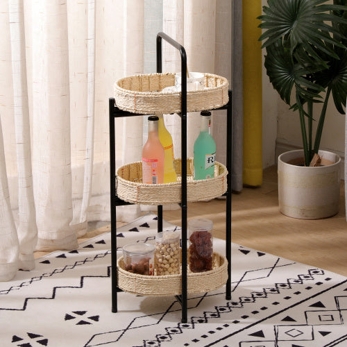 3 Tiers Tray Tables Paper Rope Woven Side Table For Living Room Kitchen Oval Storage Basket Small Shelves Natural