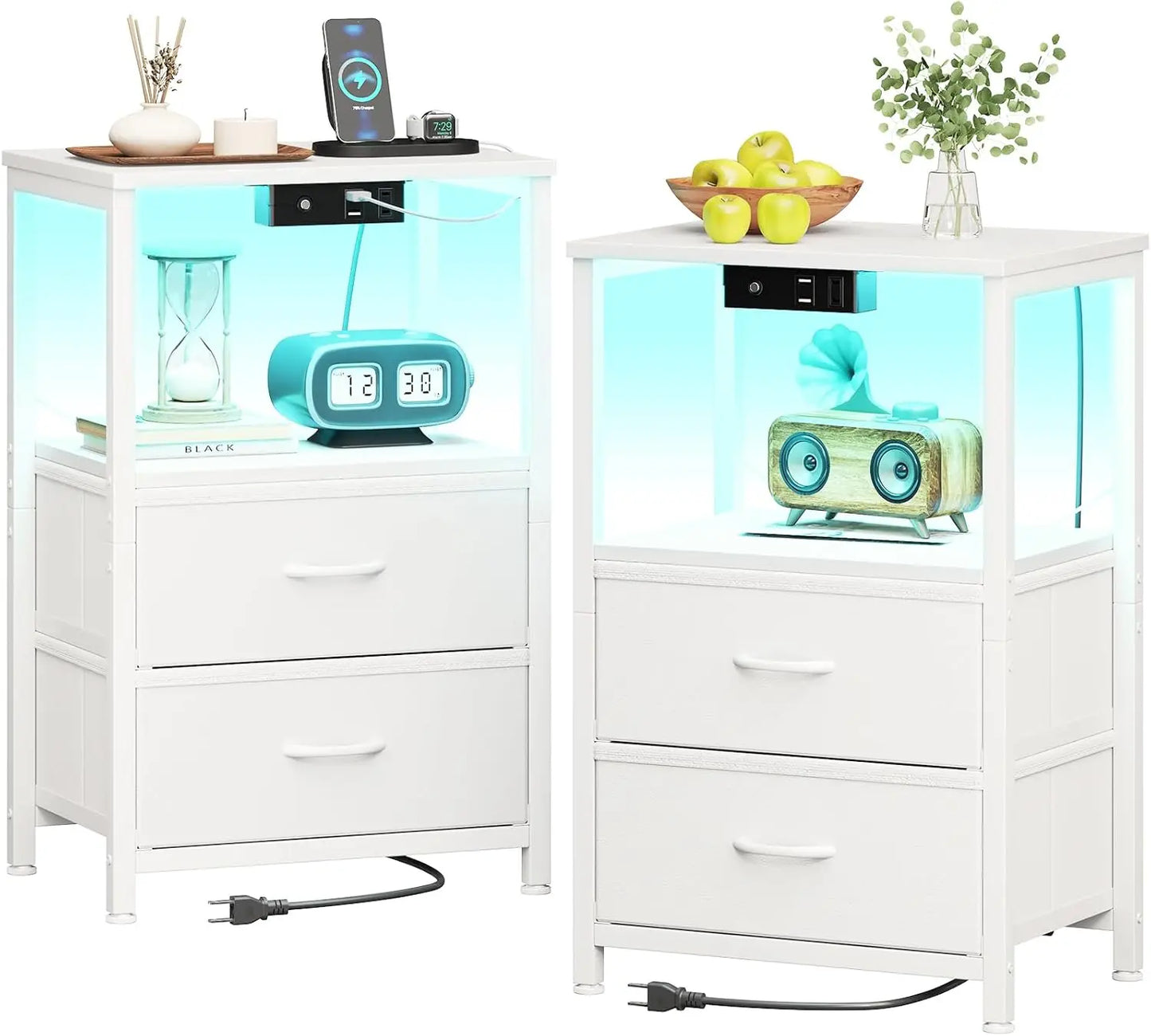 2 Bed Side Tables with LED Lights, Charger Station & USB Ports