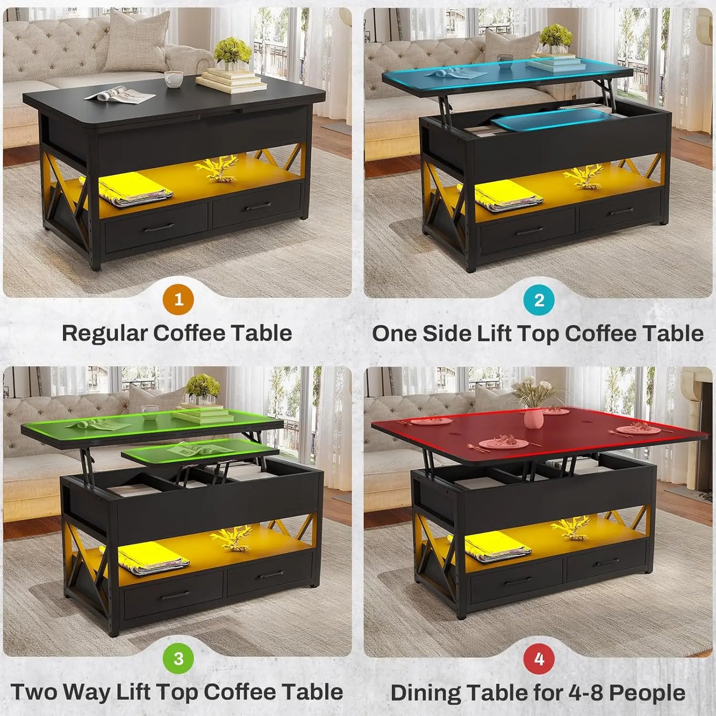 Innovative Coffee Table 4-in-1 w/ Storage+ LED Light