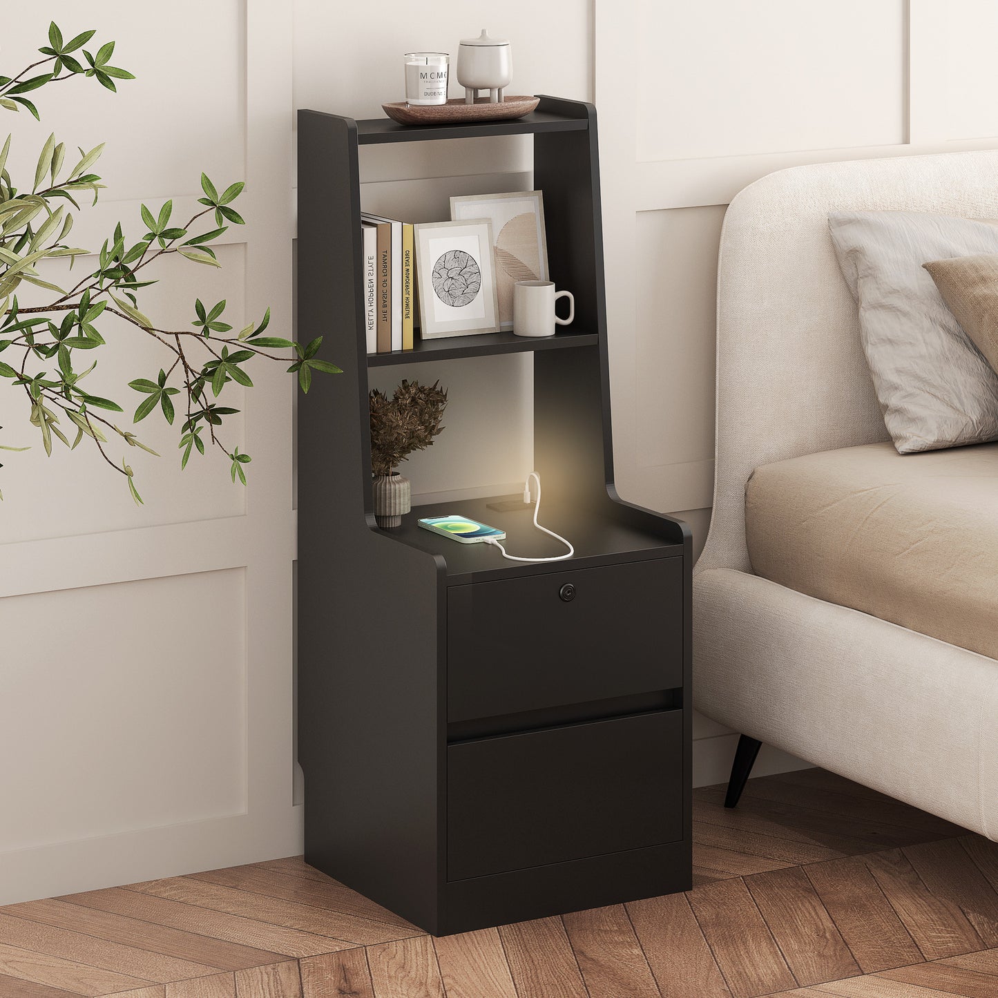 Smart Nightstand With Charging Station, Night Light, Bookshelf With Storage