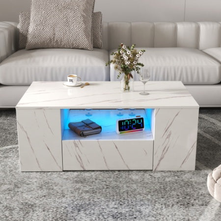 Modern LED Coffee Table, Storage With 2 Drawers And Open Side Shelf