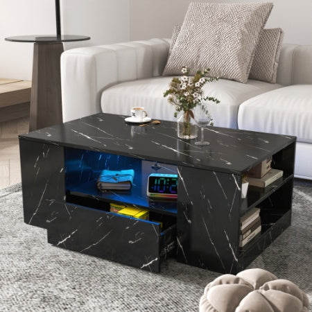 Modern LED Coffee Table, Storage With 2 Drawers And Open Side Shelf