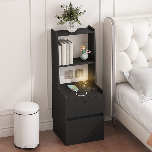 Smart Nightstand With Charging Station, Night Light, Bookshelf With Storage