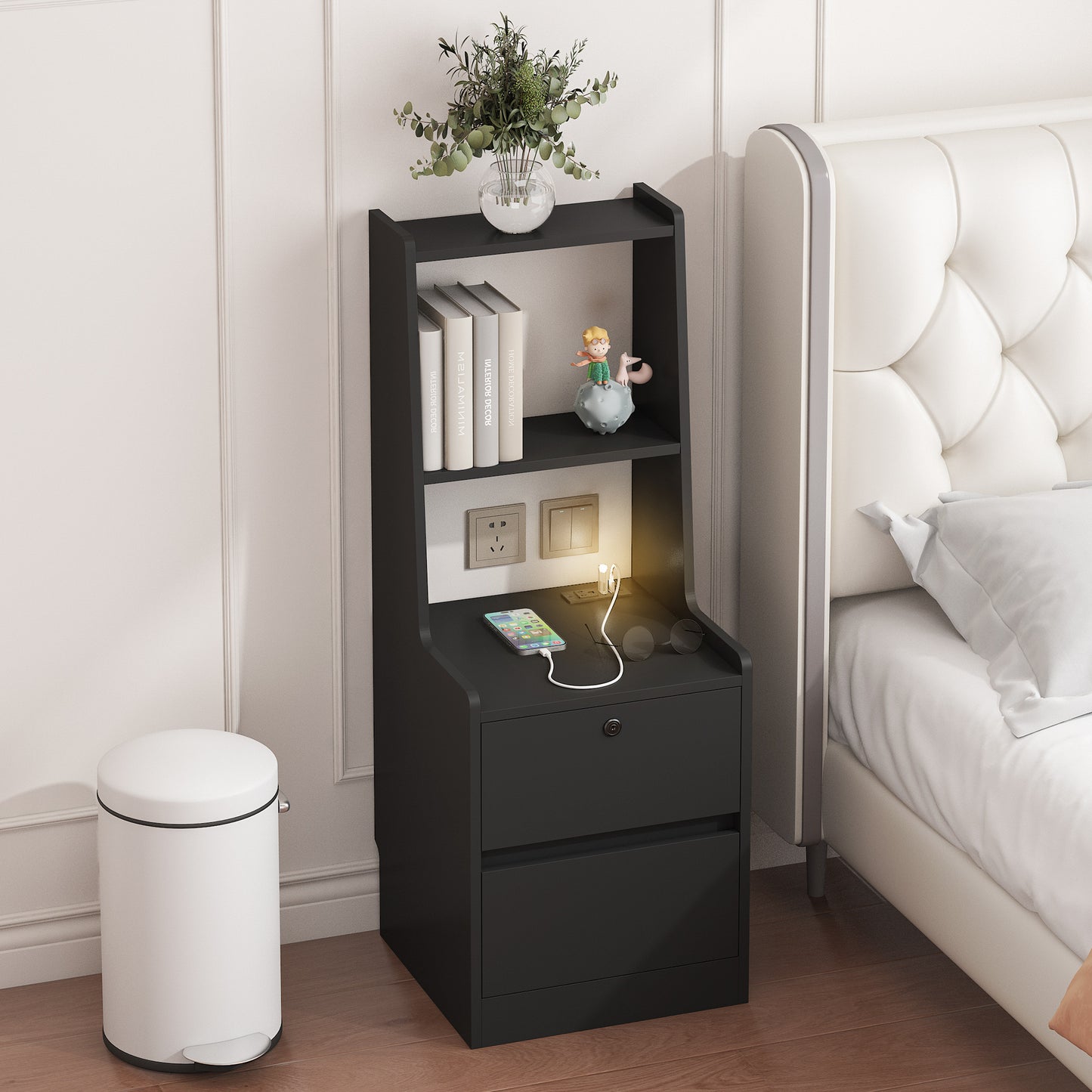 Smart Nightstand With Charging Station, Night Light, Bookshelf With Storage
