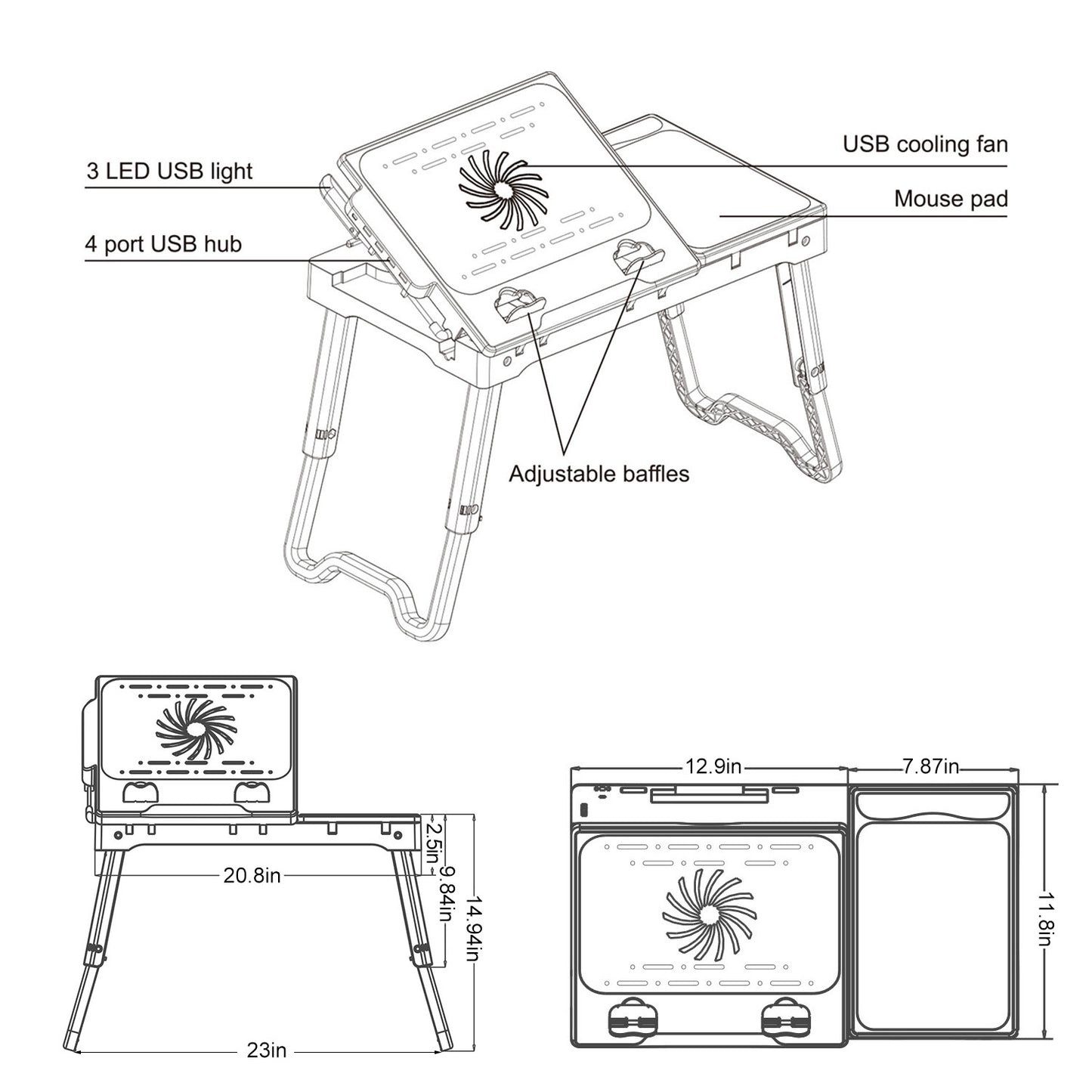 1Pc Foldable Laptop Table Bed Notebook Desk With Cooling Fan Mouse Board LED Light 4 USB Ports Breakfast Snacking Tray With Storage Groove For Home Office Use
