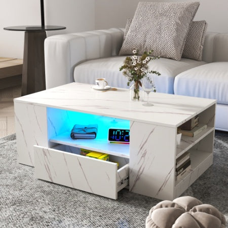 Modern LED Coffee Table, Storage With 2 Drawers And Open Side Shelf