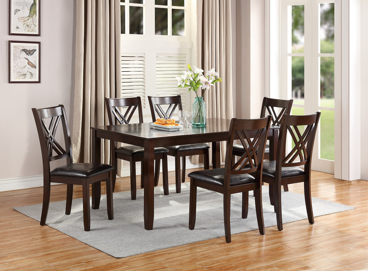 7 Piece Dining Set with Espresso Finish and 6 Cushioned Chairs
