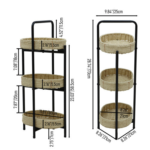 3 Tiers Tray Tables Paper Rope Woven Side Table For Living Room Kitchen Oval Storage Basket Small Shelves  Natural