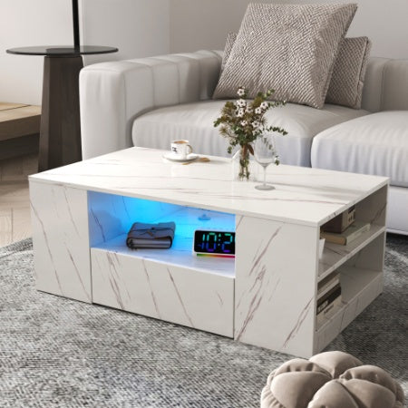 Modern LED Coffee Table, Storage With 2 Drawers And Open Side Shelf
