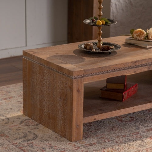 Rectangle 2-Tier Rustic, Solid Wood Coffee Table With Storage Shelf