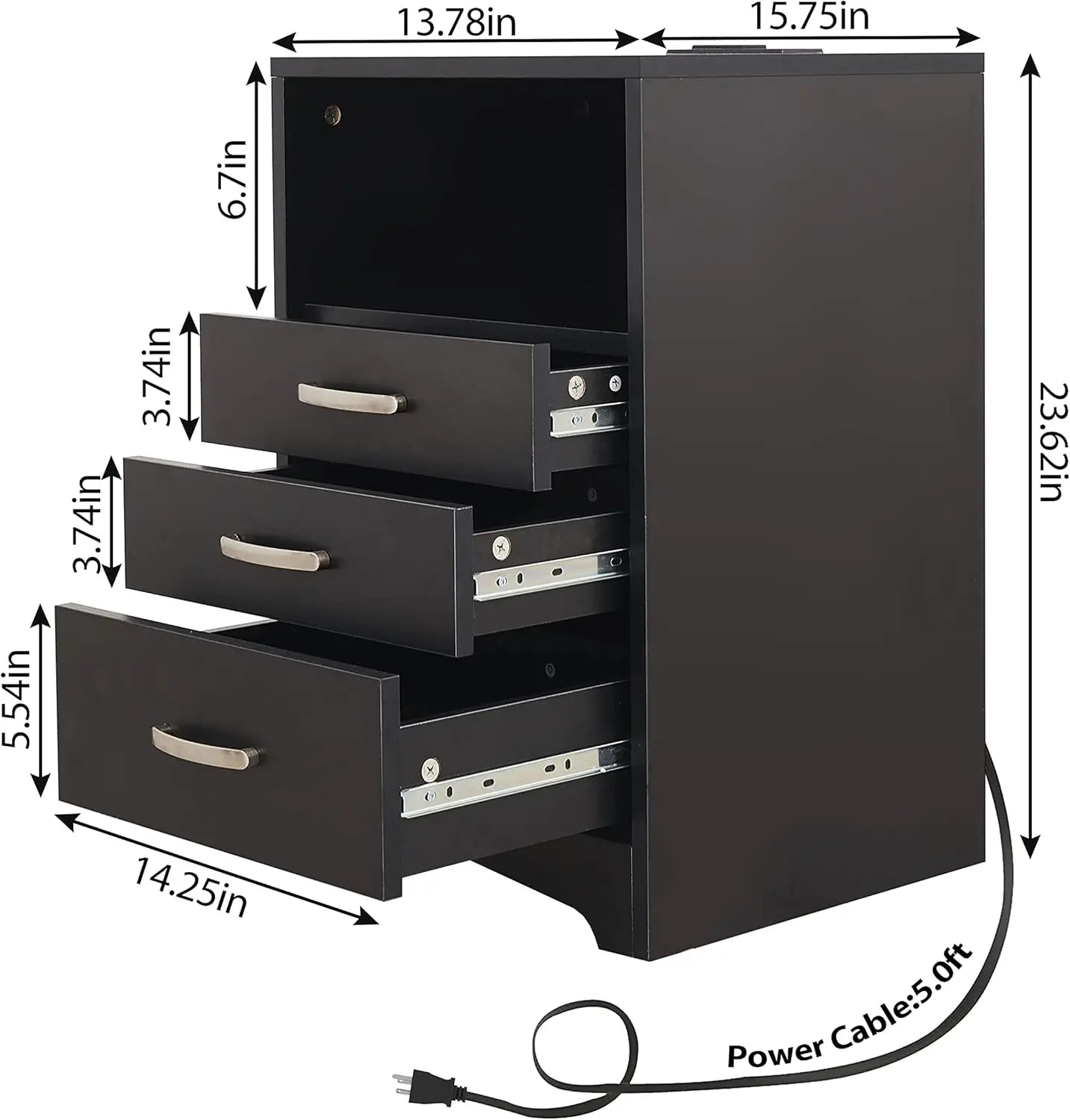 Black Nightstand with Charging Station and Storage