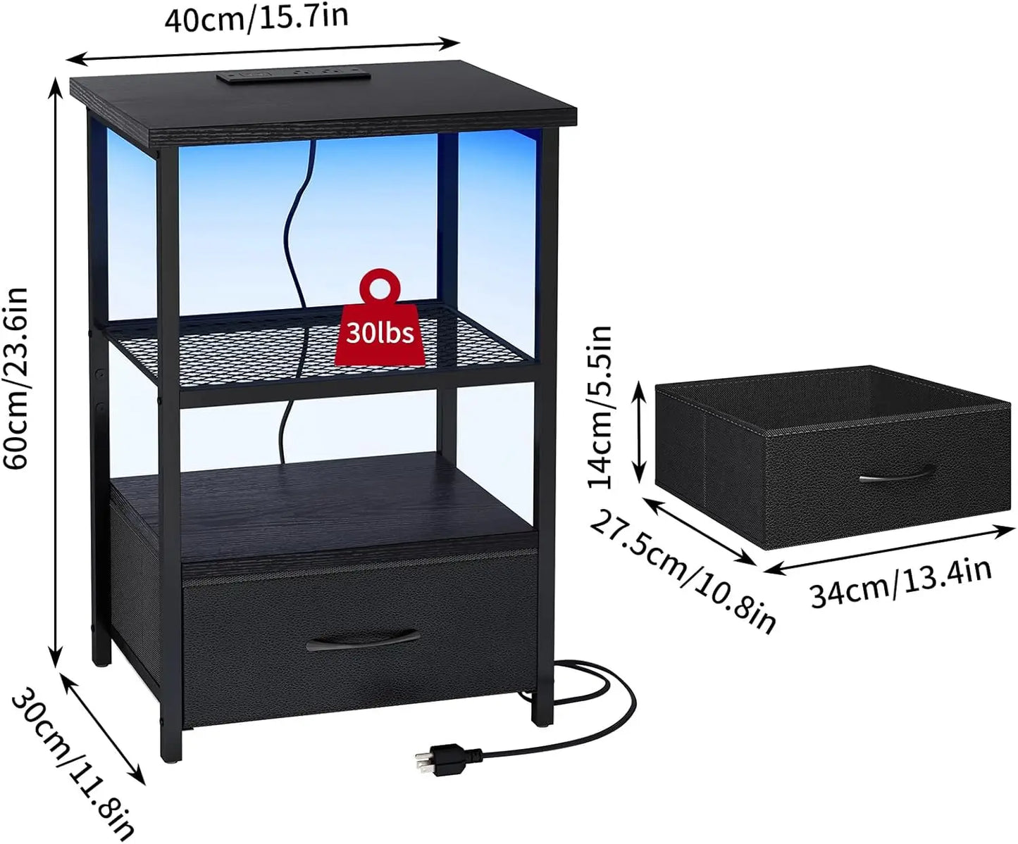 Customizable Night Stand with Charging Station, LED and USB Port. Set of 2