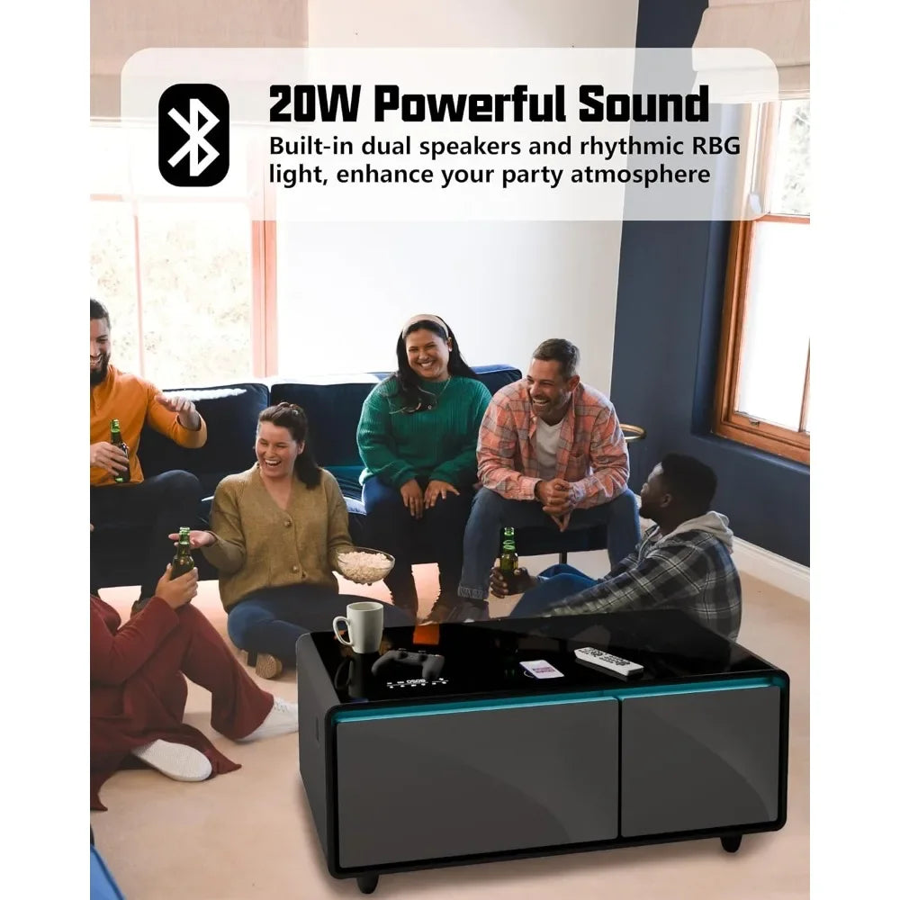 Smart Coffee Table Built-in Fridge, Speakers, Wireless Charging & USB Ports