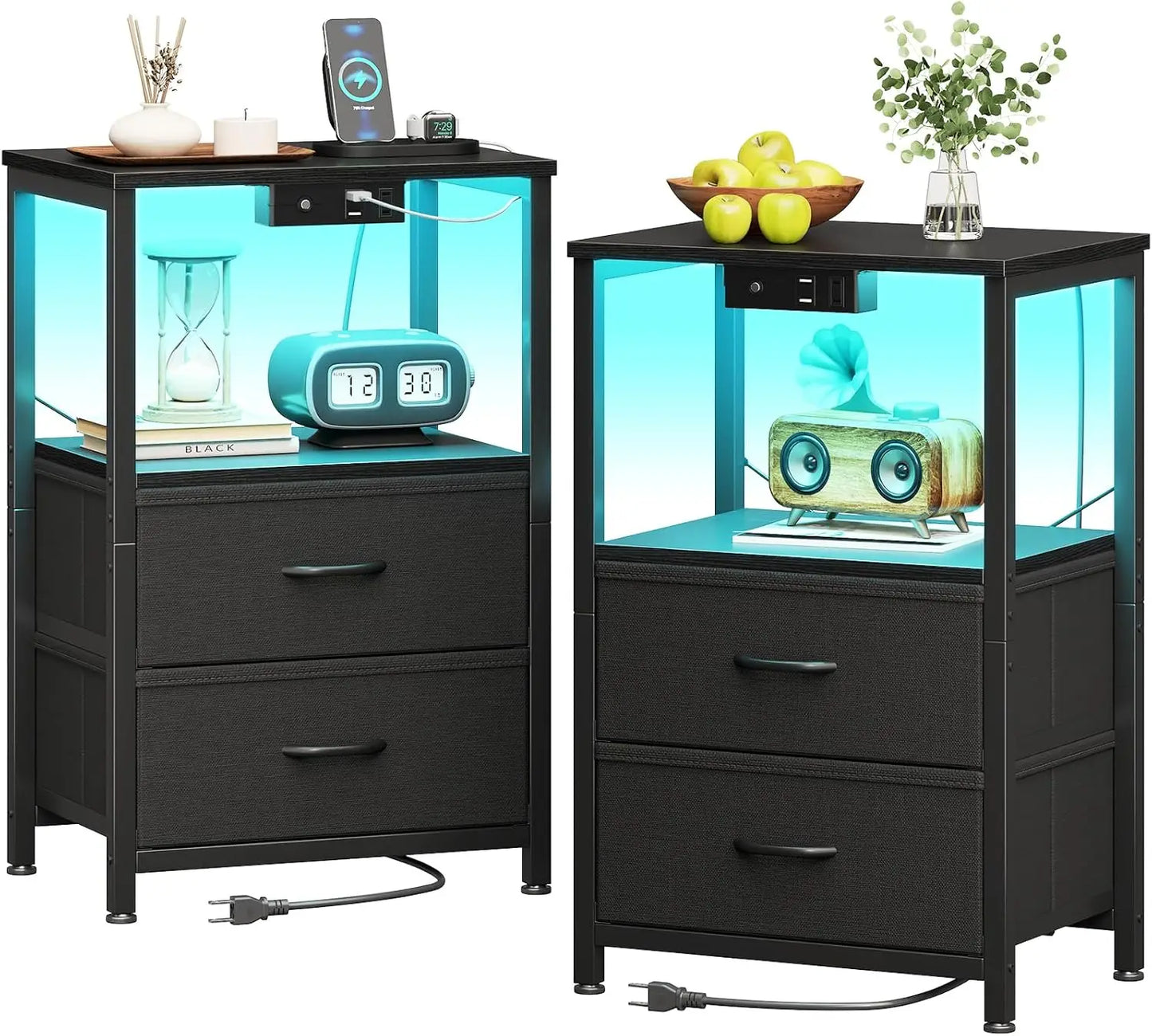 2 Bed Side Tables with LED Lights, Charger Station & USB Ports
