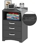 Black Nightstand with Charging Station and Storage