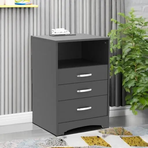 Black Nightstand with Charging Station and Storage