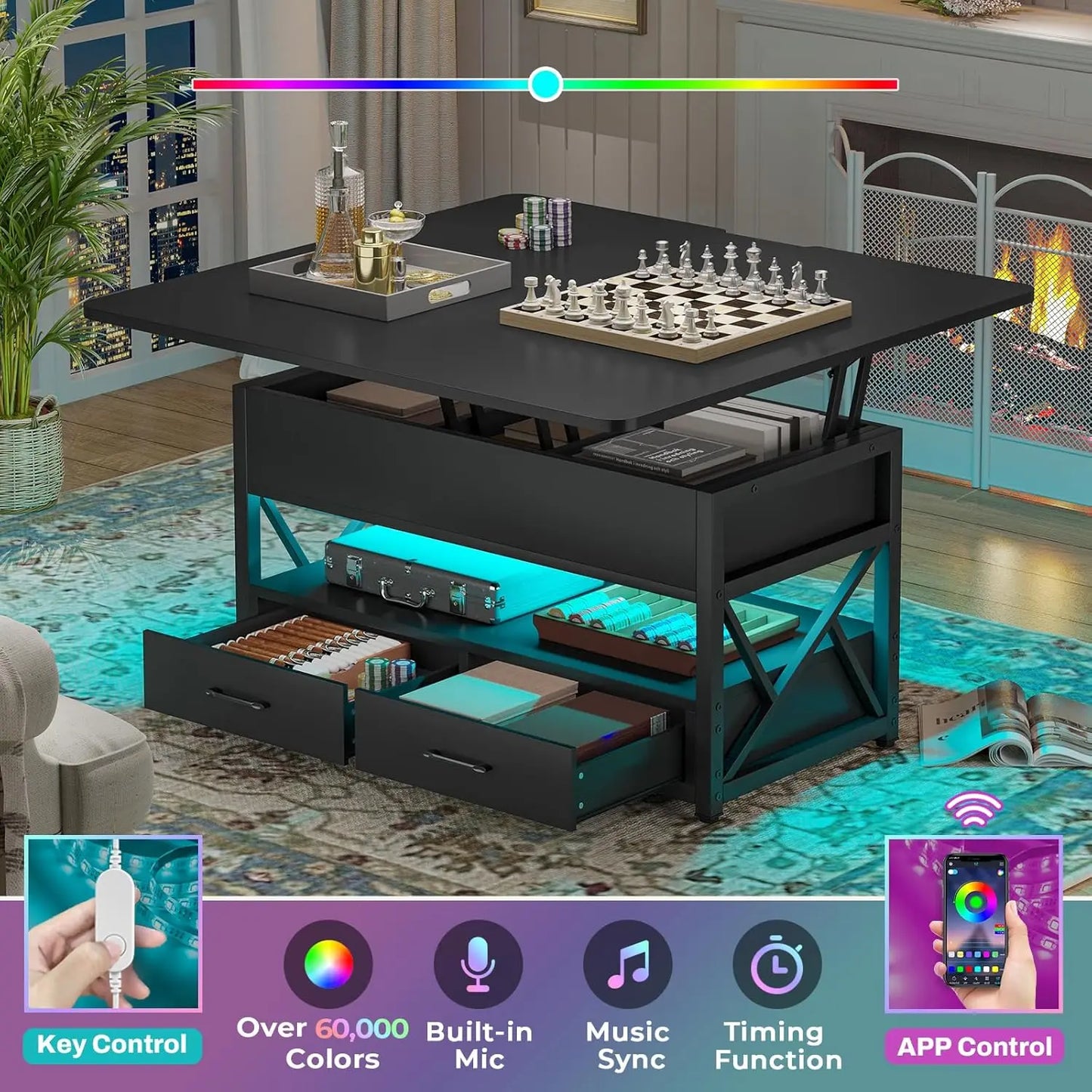 Innovative Coffee Table 4-in-1 w/ Storage+ LED Light