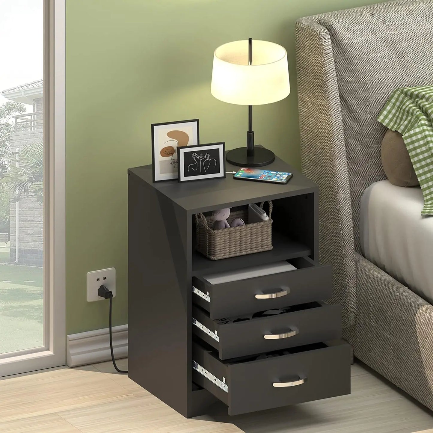 Black Nightstand with Charging Station and Storage
