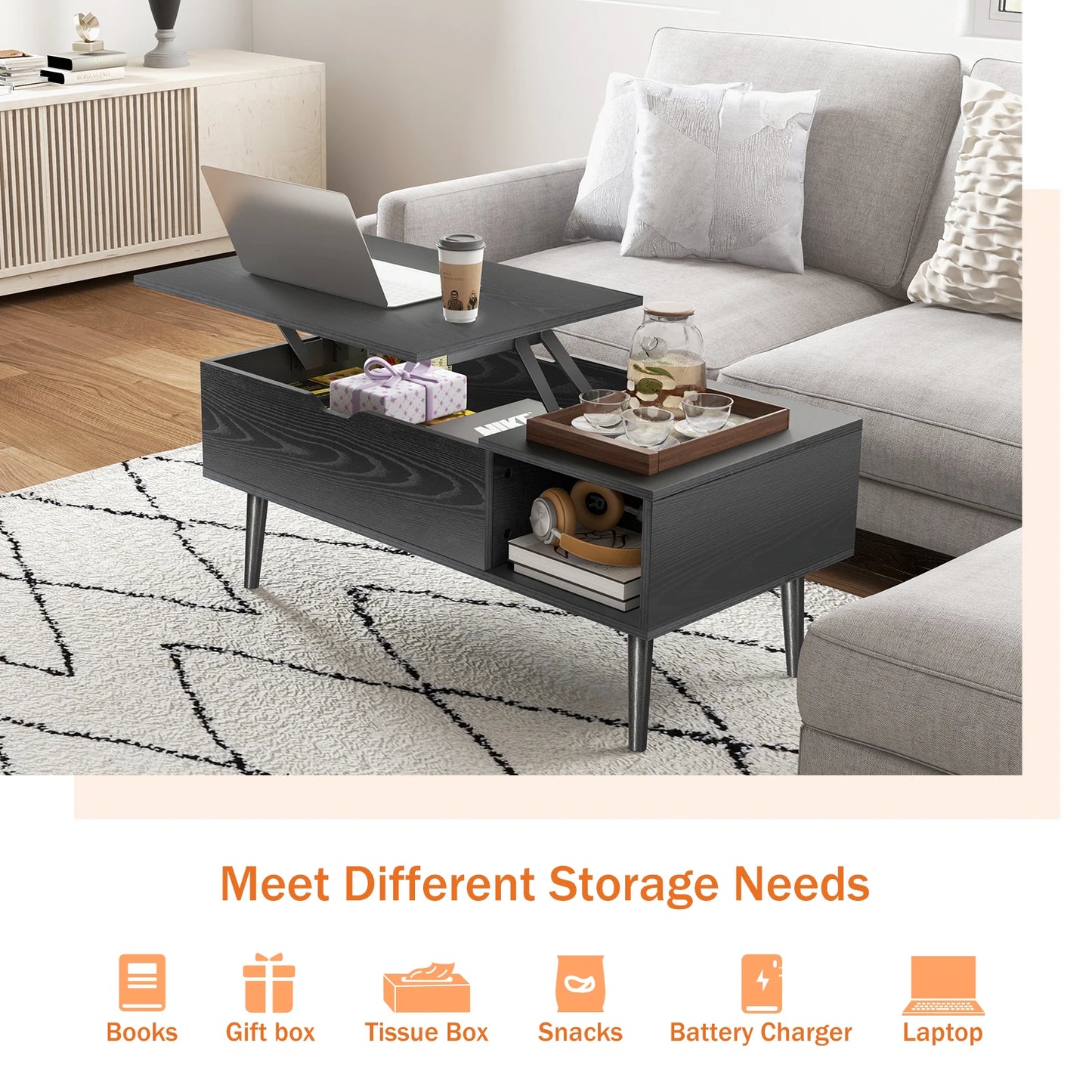 Lift Top Coffee Table, Adjustable Storage Shelf