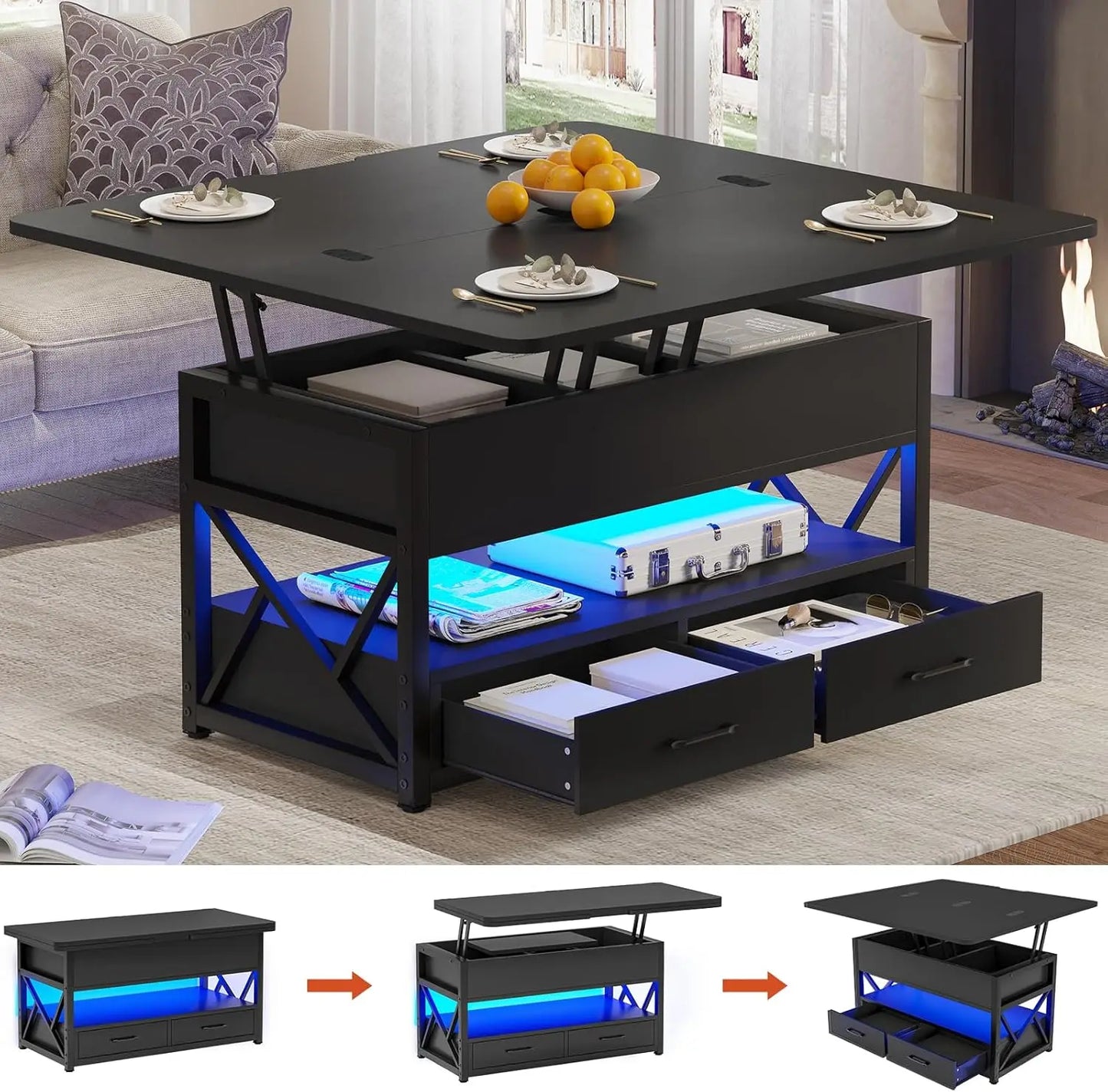 Innovative Coffee Table 4-in-1 w/ Storage+ LED Light