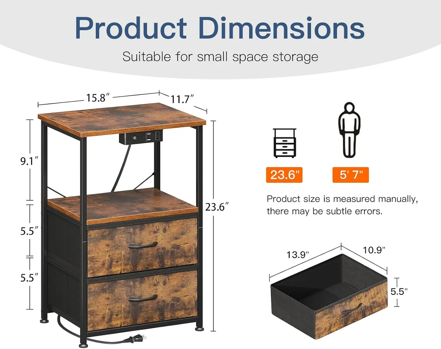 2 Bed Side Tables with LED Lights, Charger Station & USB Ports