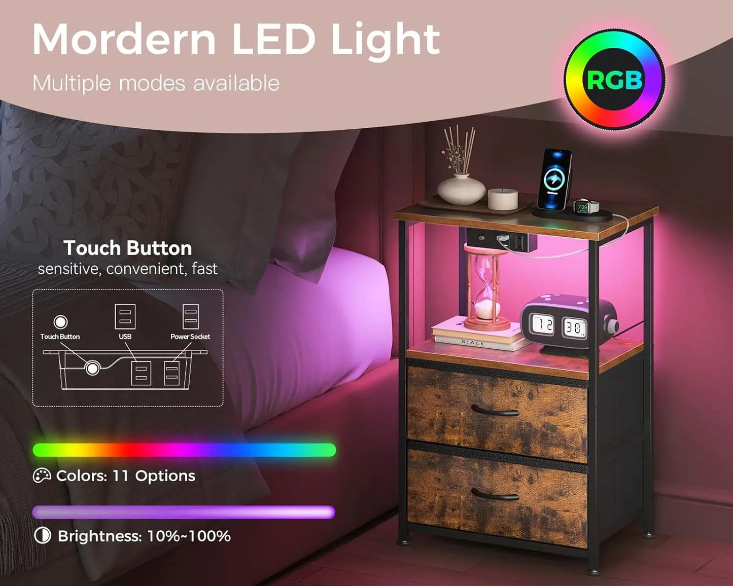 2 Bed Side Tables with LED Lights, Charger Station & USB Ports