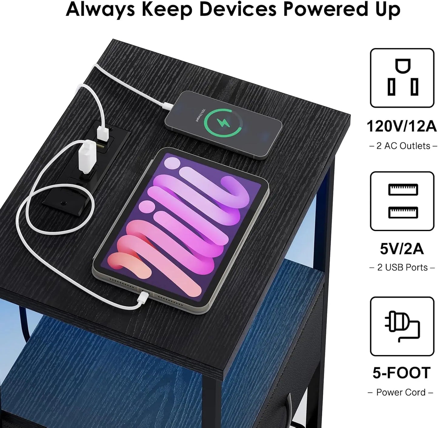 Customizable Night Stand with Charging Station, LED and USB Port. Set of 2
