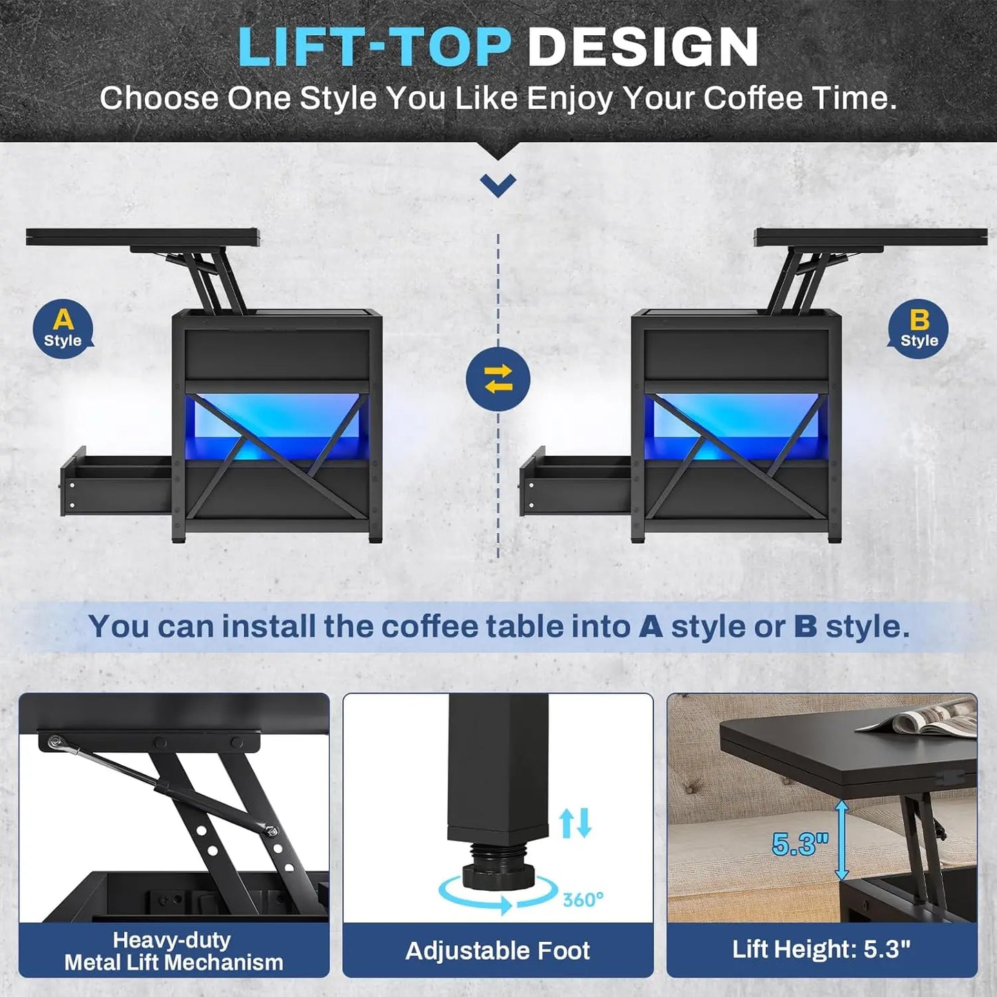 Innovative Coffee Table 4-in-1 w/ Storage+ LED Light