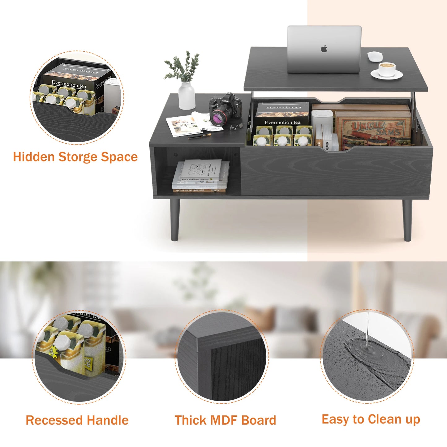 Lift Top Coffee Table, Adjustable Storage Shelf