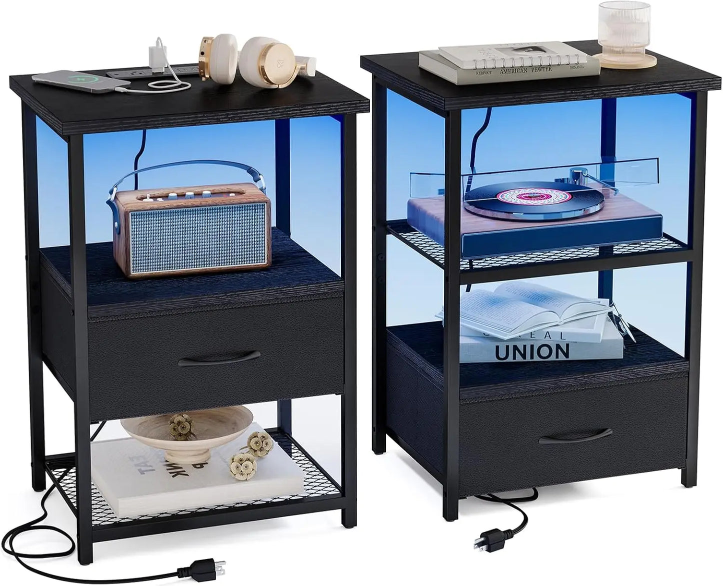Customizable Night Stand with Charging Station, LED and USB Port. Set of 2
