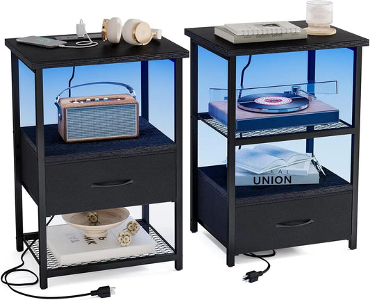 Customizable Night Stand with Charging Station, LED and USB Port. Set of 2