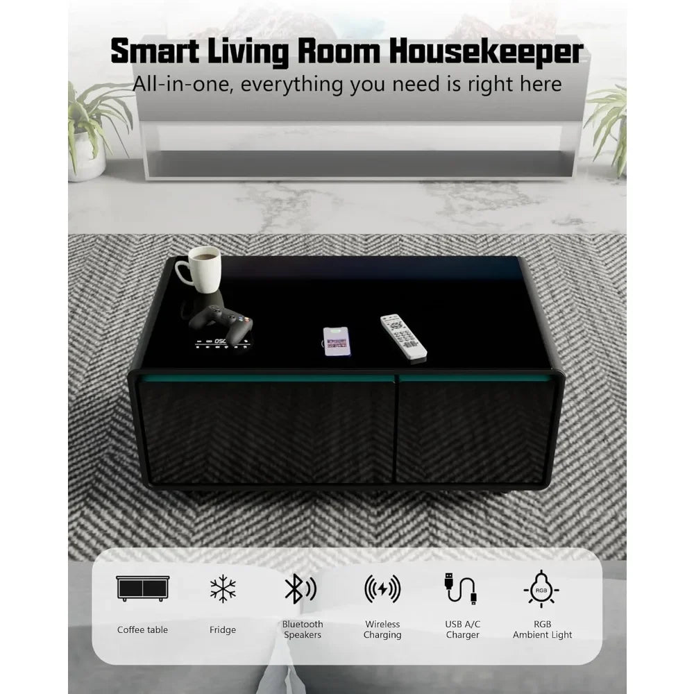Smart Coffee Table Built-in Fridge, Speakers, Wireless Charging & USB Ports