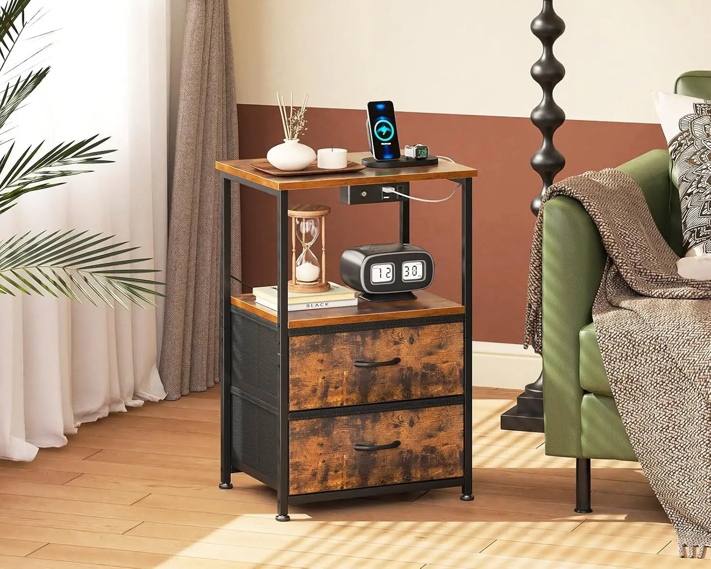 2 Bed Side Tables with LED Lights, Charger Station & USB Ports