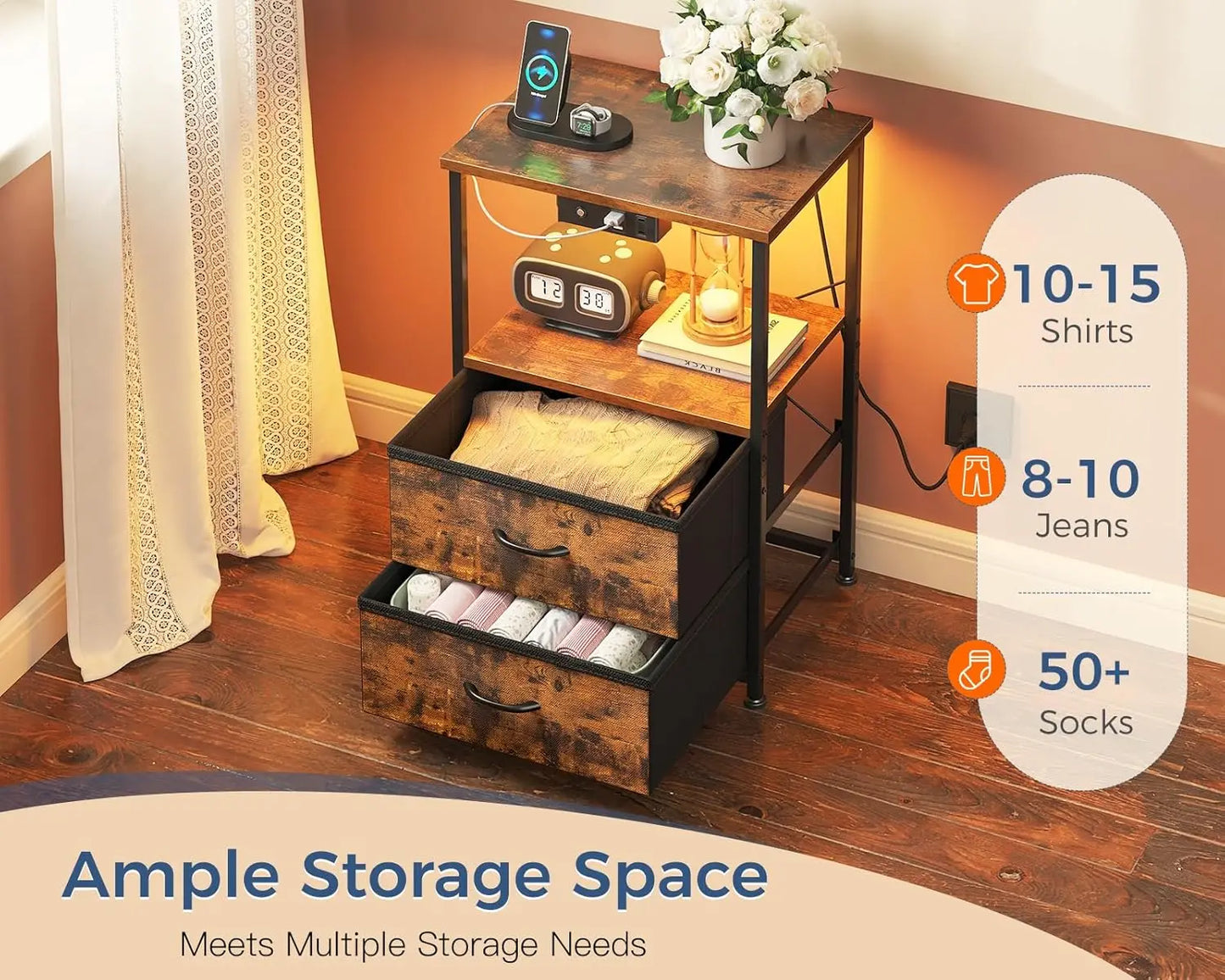 2 Bed Side Tables with LED Lights, Charger Station & USB Ports