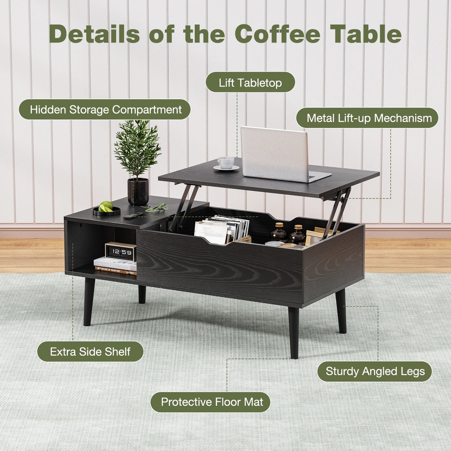 Lift Top Coffee Table, Adjustable Storage Shelf