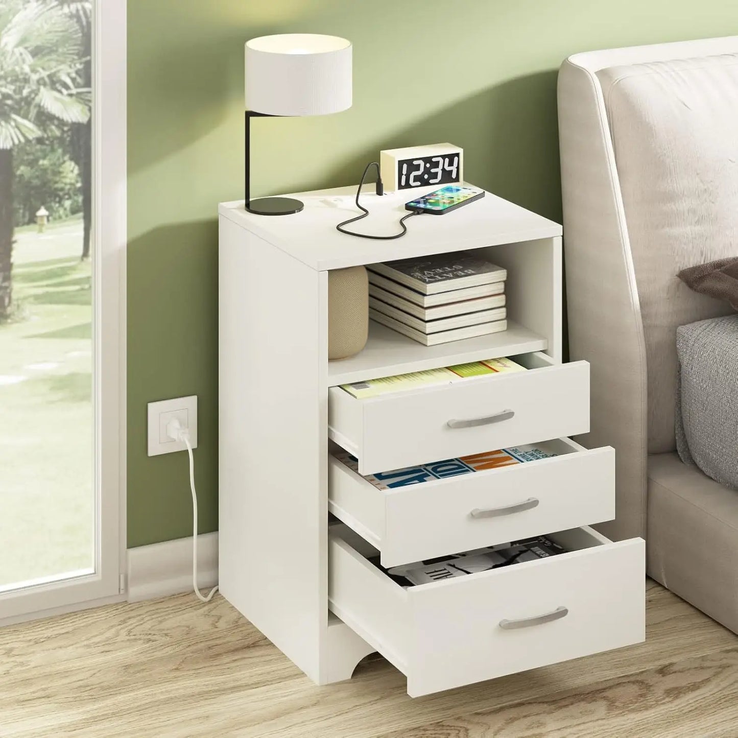 Black Nightstand with Charging Station and Storage