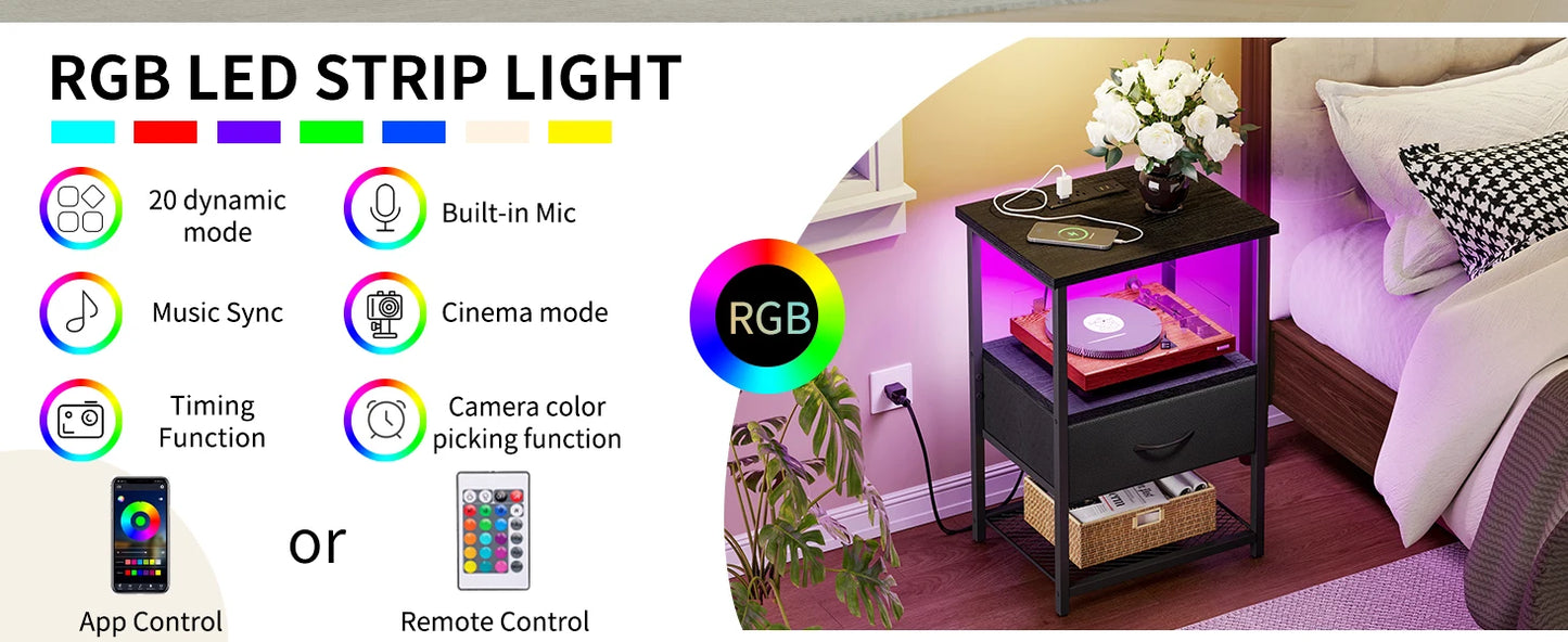 Customizable Night Stand with Charging Station, LED and USB Port. Set of 2
