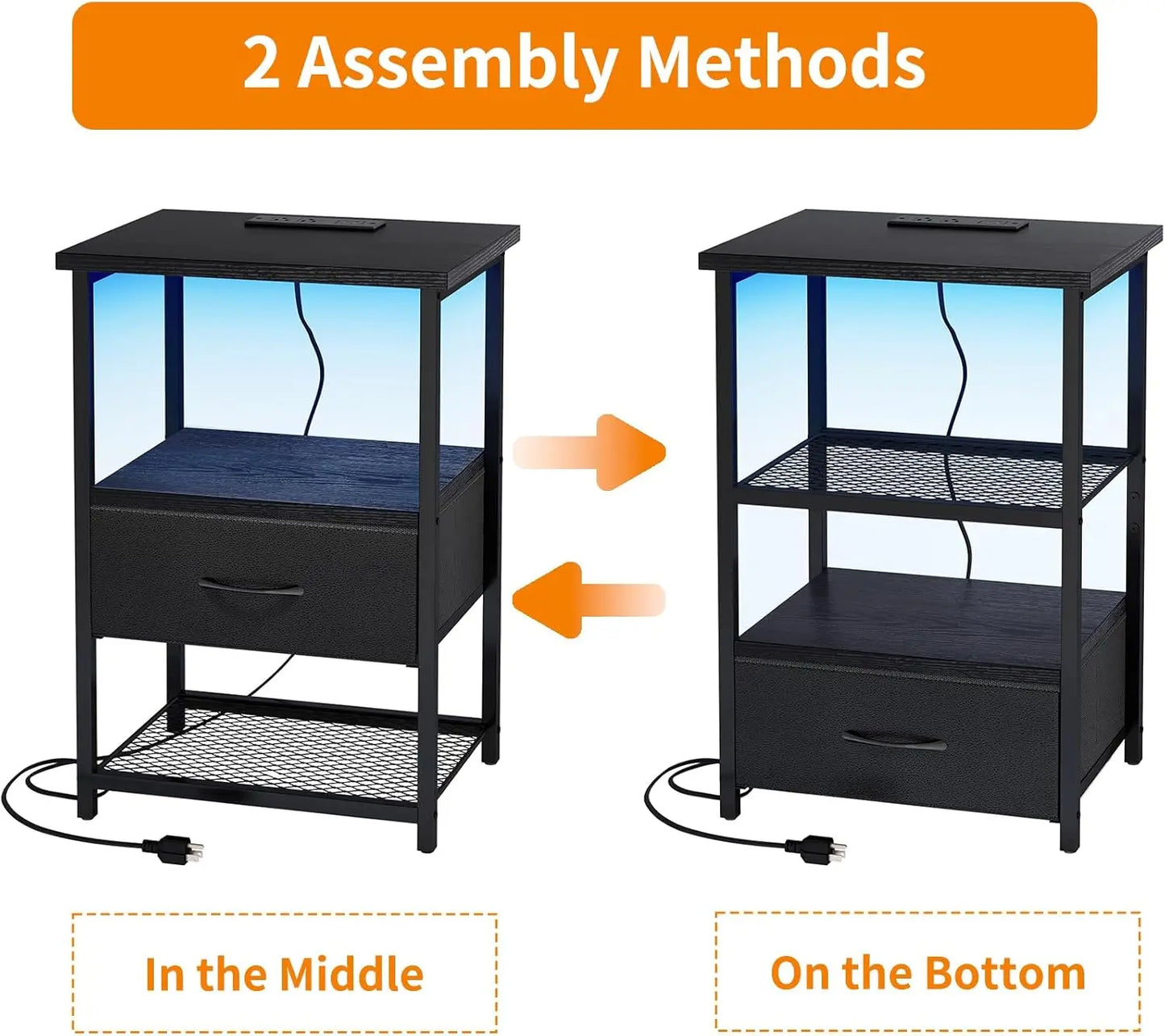 Customizable Night Stand with Charging Station, LED and USB Port. Set of 2