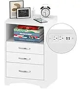 Black Nightstand with Charging Station and Storage