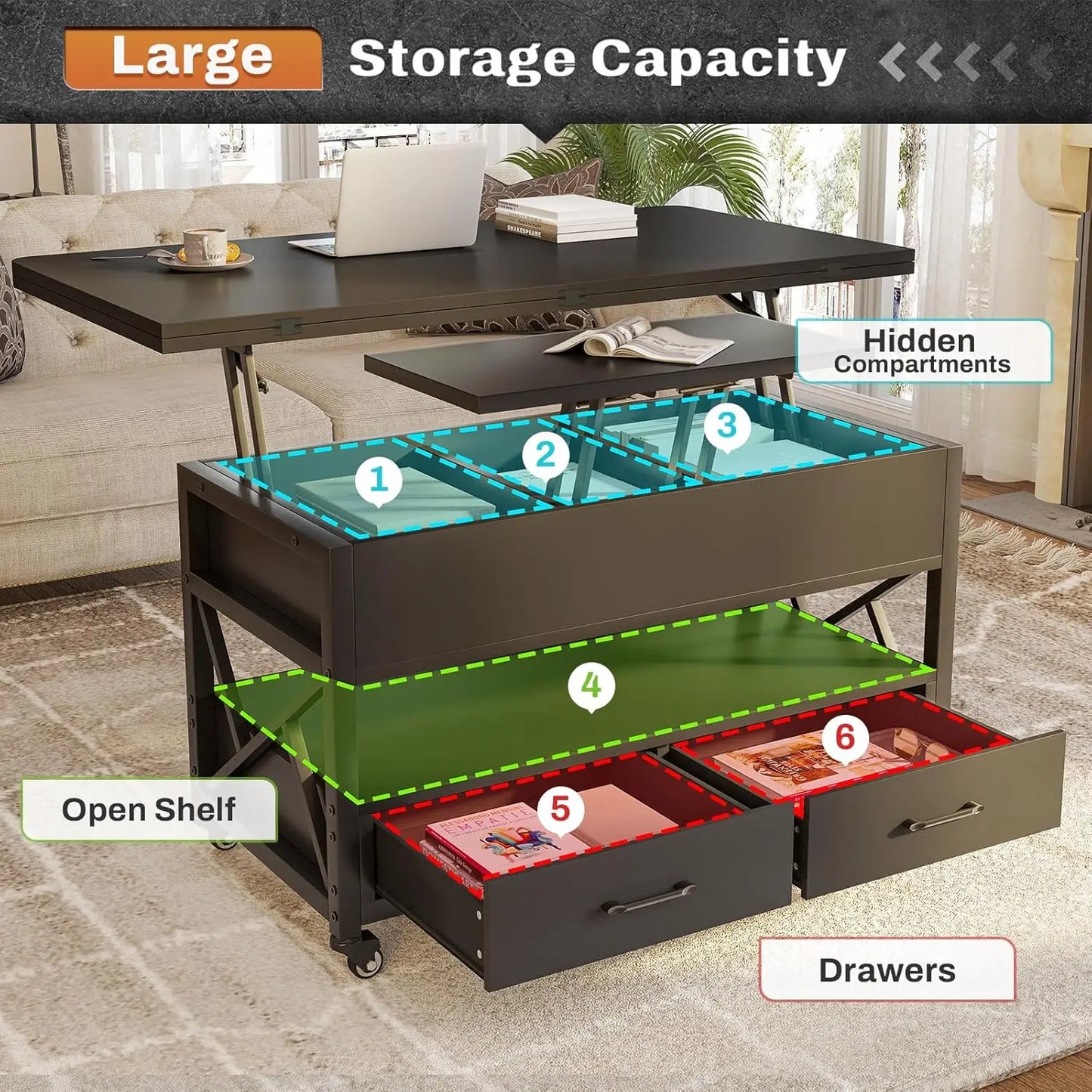 Innovative Coffee Table 4-in-1 w/ Storage+ LED Light