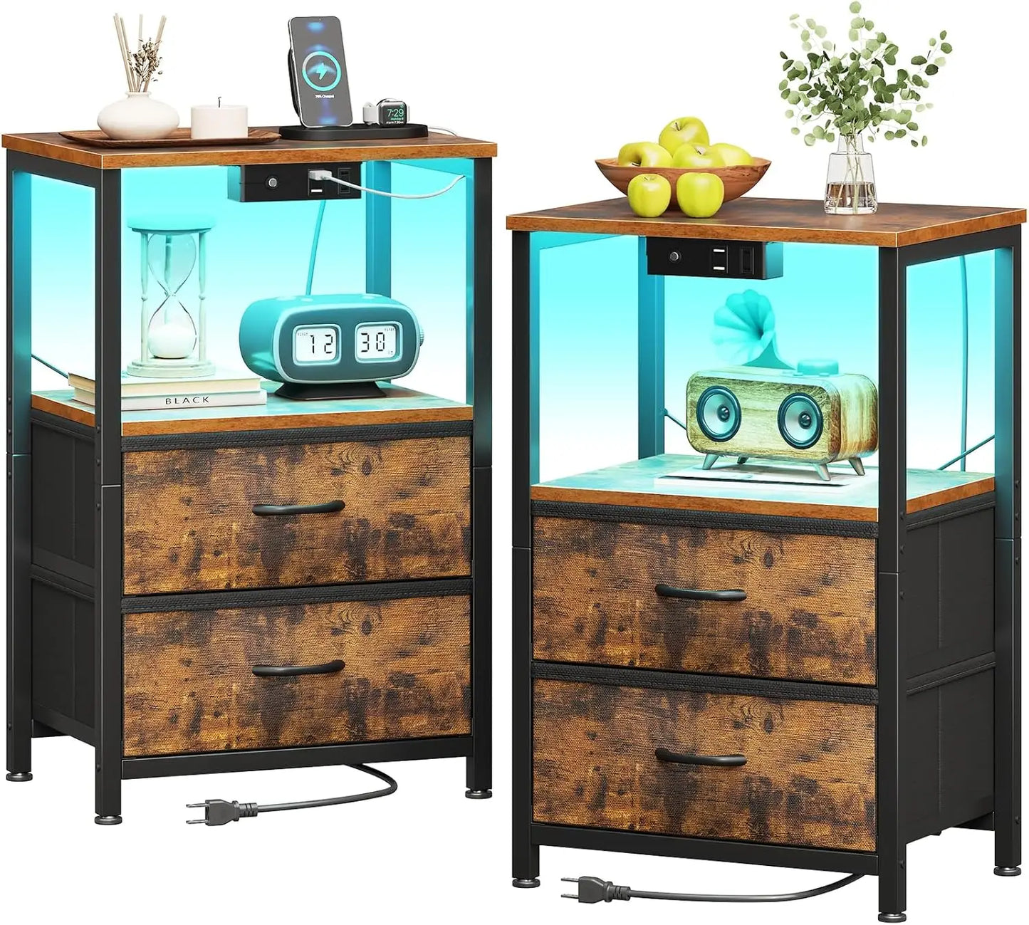 2 Bed Side Tables with LED Lights, Charger Station & USB Ports