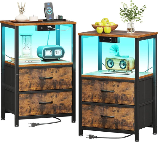 2 Bed Side Tables with LED Lights, Charger Station & USB Ports