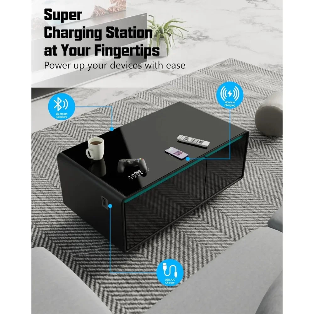 Smart Coffee Table Built-in Fridge, Speakers, Wireless Charging & USB Ports