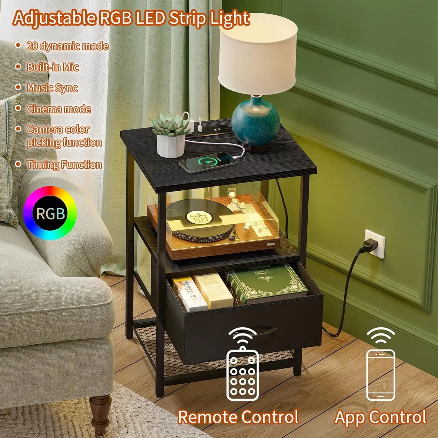 Customizable Night Stand with Charging Station, LED and USB Port. Set of 2