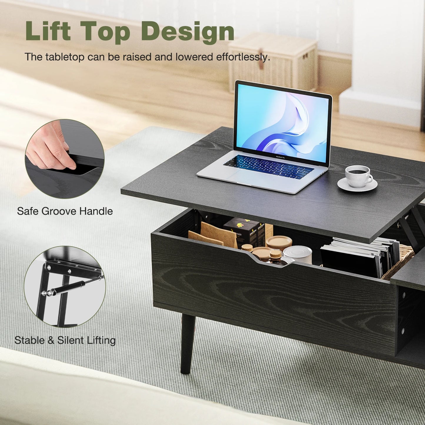 Lift Top Coffee Table, Adjustable Storage Shelf