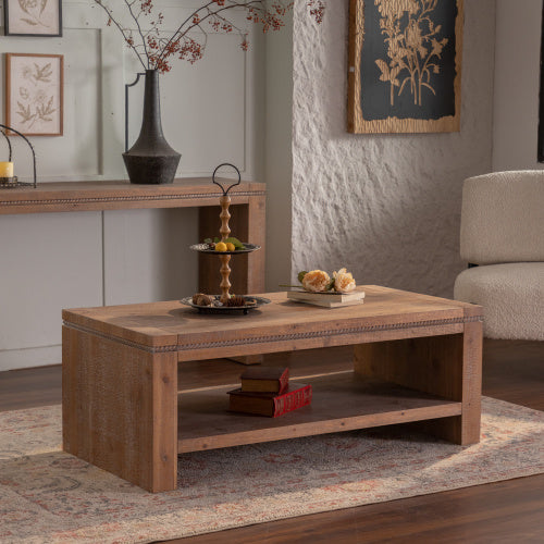 Rectangle 2-Tier Rustic, Solid Wood Coffee Table With Storage Shelf