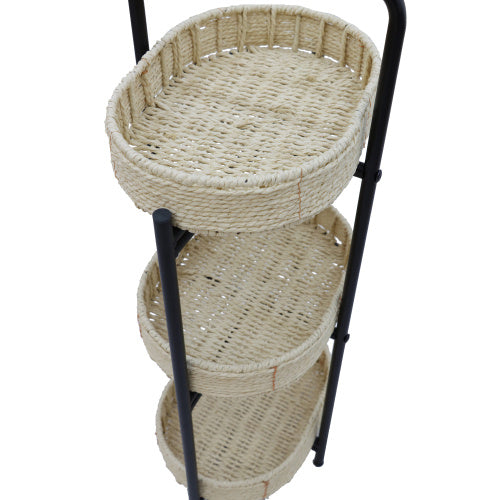 3 Tiers Tray Tables Paper Rope Woven Side Table For Living Room Kitchen Oval Storage Basket Small Shelves  Natural