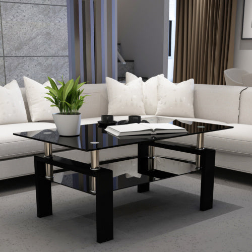 Sleek Black Glass Coffee Table with Under Storage