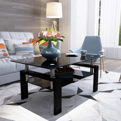 Sleek Black Glass Coffee Table with Under Storage